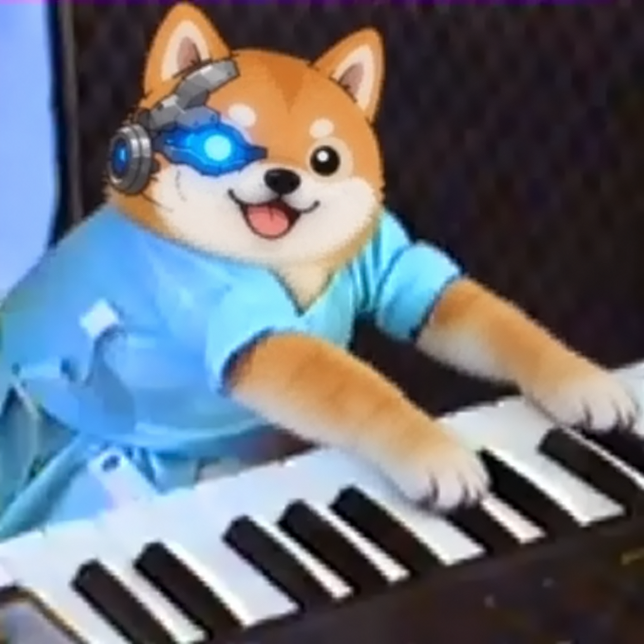 Artificial KeyInu, a cybernetic Shiba playing a keyboard